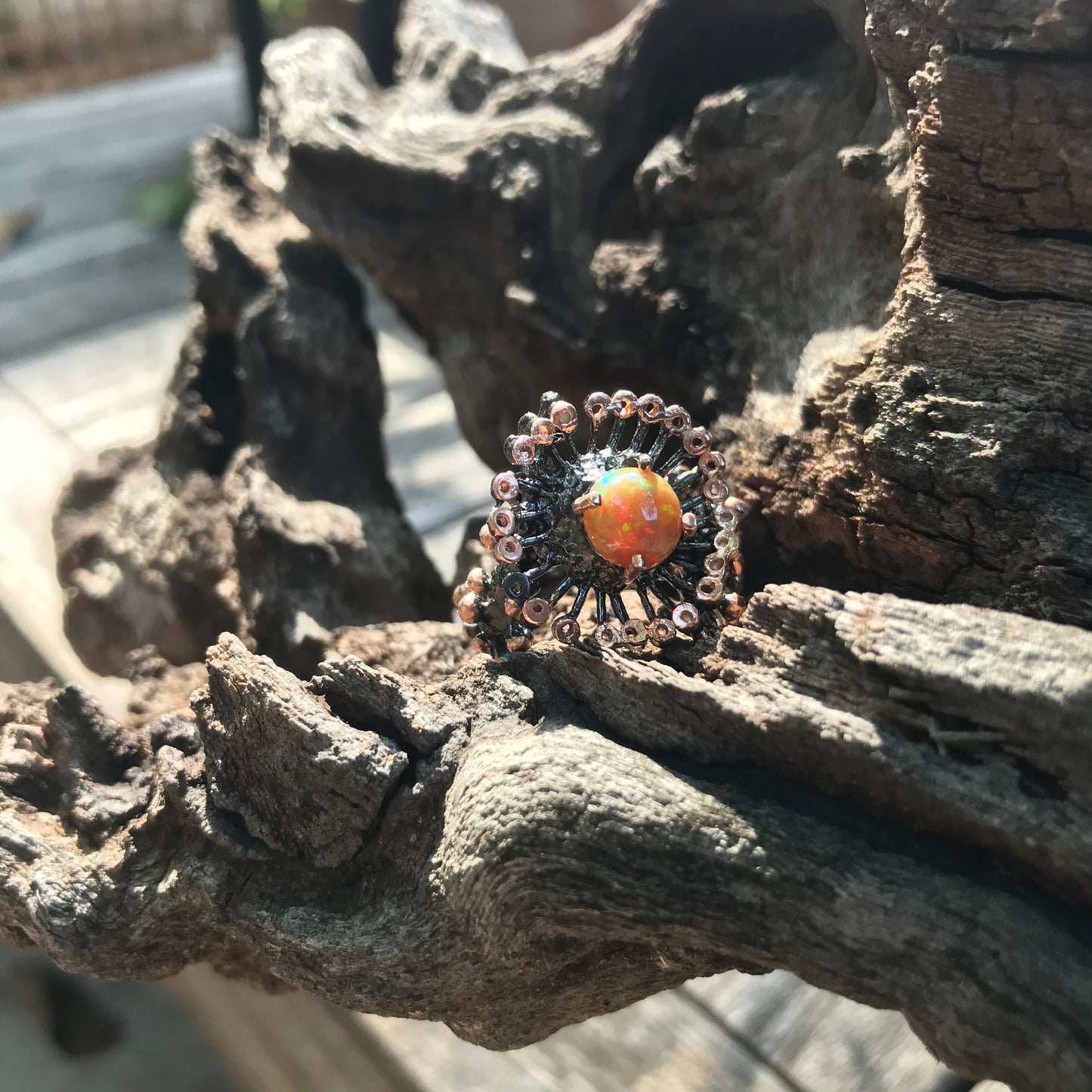 Natural Orange Rainbow opal  organic abstract Sterling Silver Ring 6.5