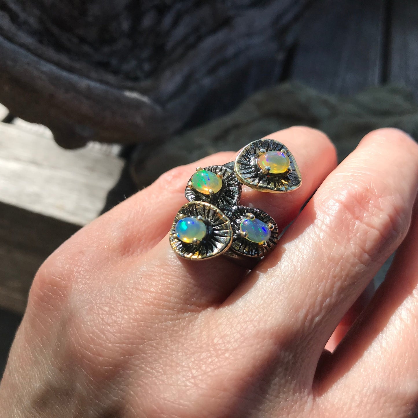 Natural  Rainbow opal organic abstract Sterling Silver Ring 6.5