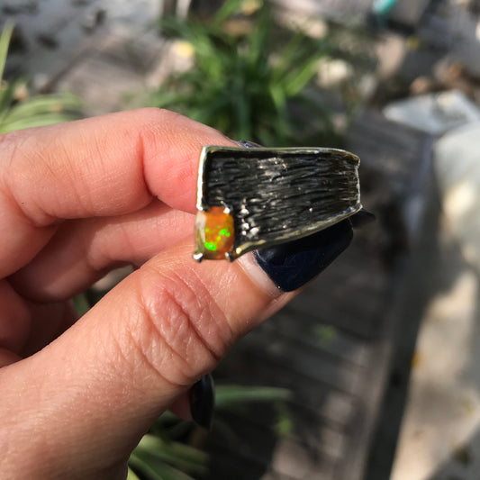 Natural Orange Rainbow opal modernist band Sterling Silver Ring 8.5