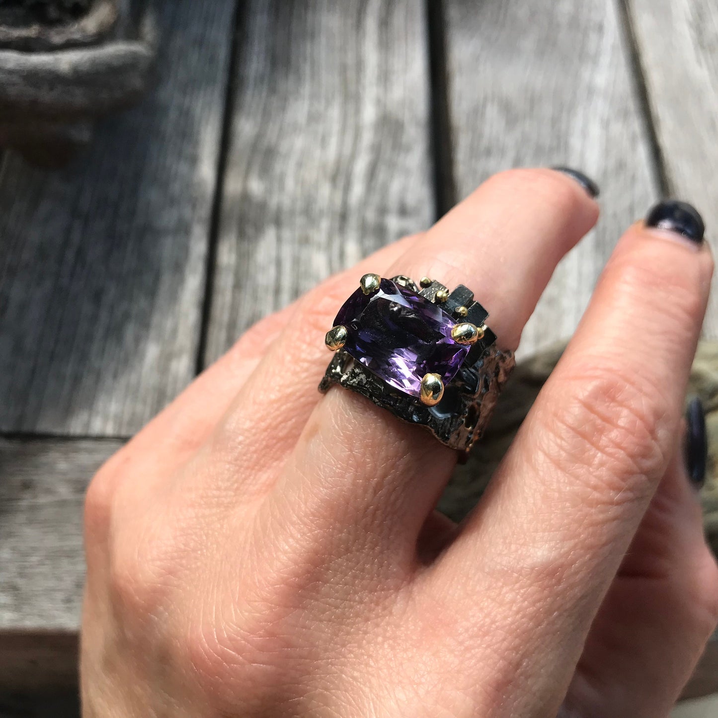Sterling Silver Fancy Amethyst Band statement  ring  8