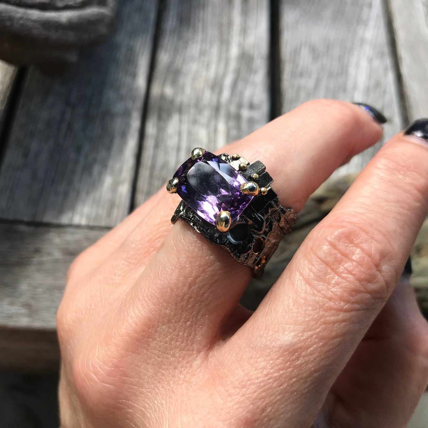 Sterling Silver Fancy Amethyst Band statement  ring  8