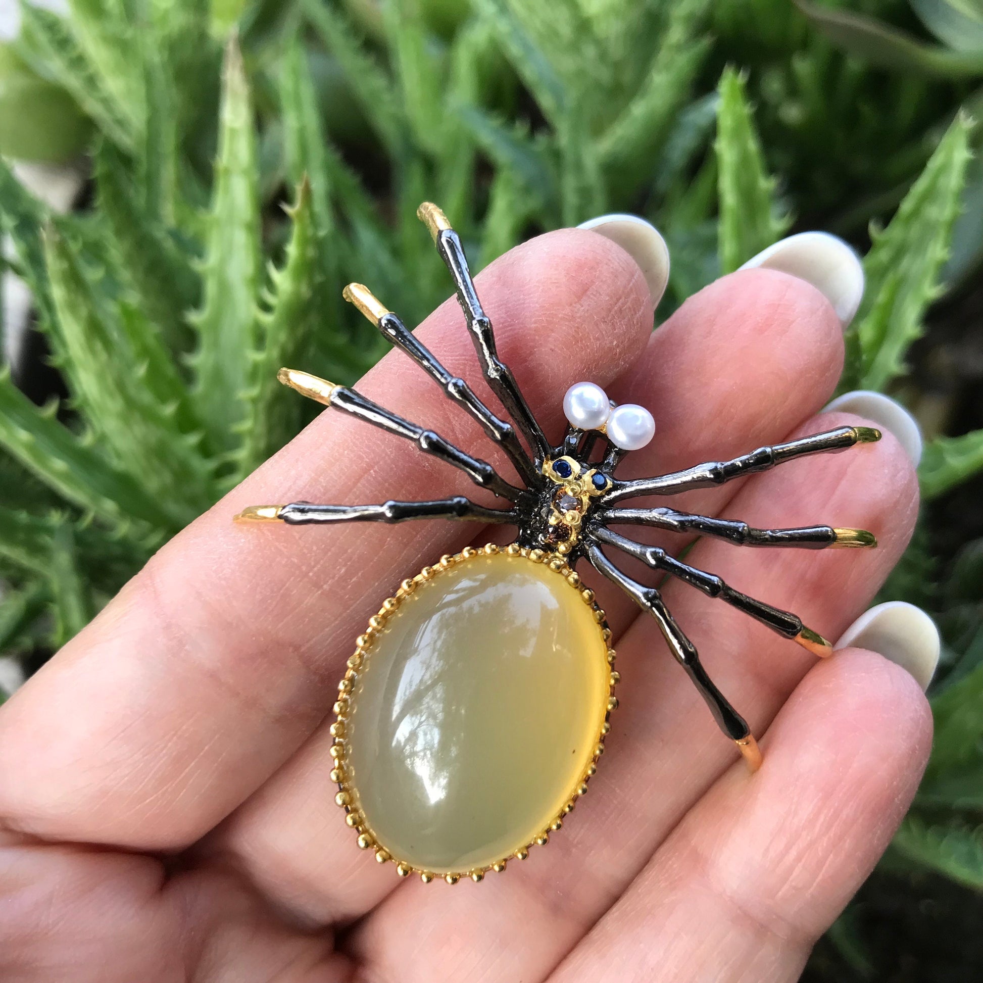 Handmade Sterling Silver natural opal Pearl spider Brooch Pin