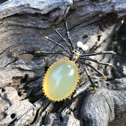 Handmade Sterling Silver natural opal Pearl  spider Brooch Pin