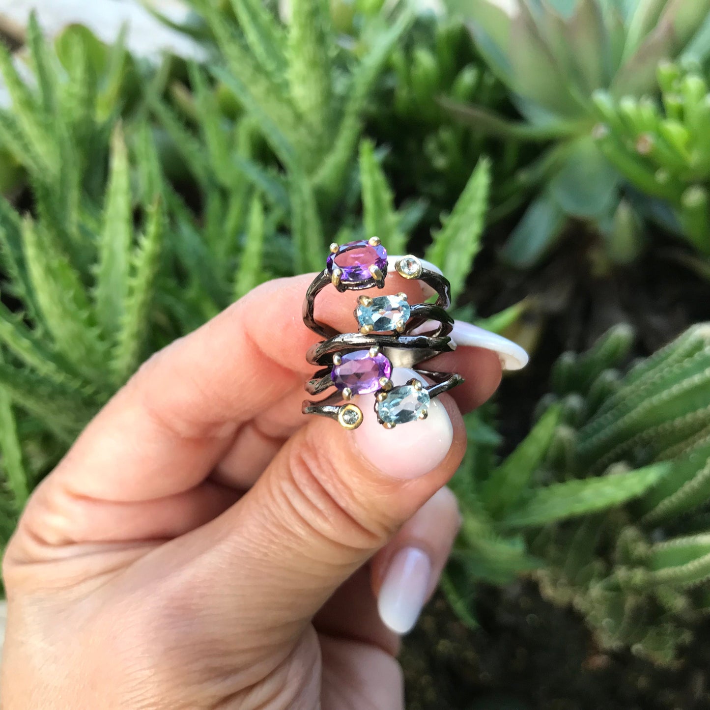 Handmade sterling Amethyst topaz band  Ring 5.5