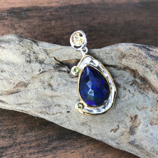 Natural blue fire opal Sterling Silver pendant for Necklace