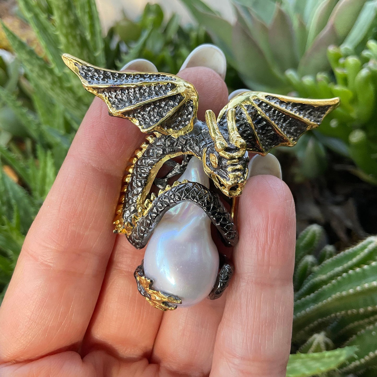 Sterling silver baroque pearl statement Dragon pendant