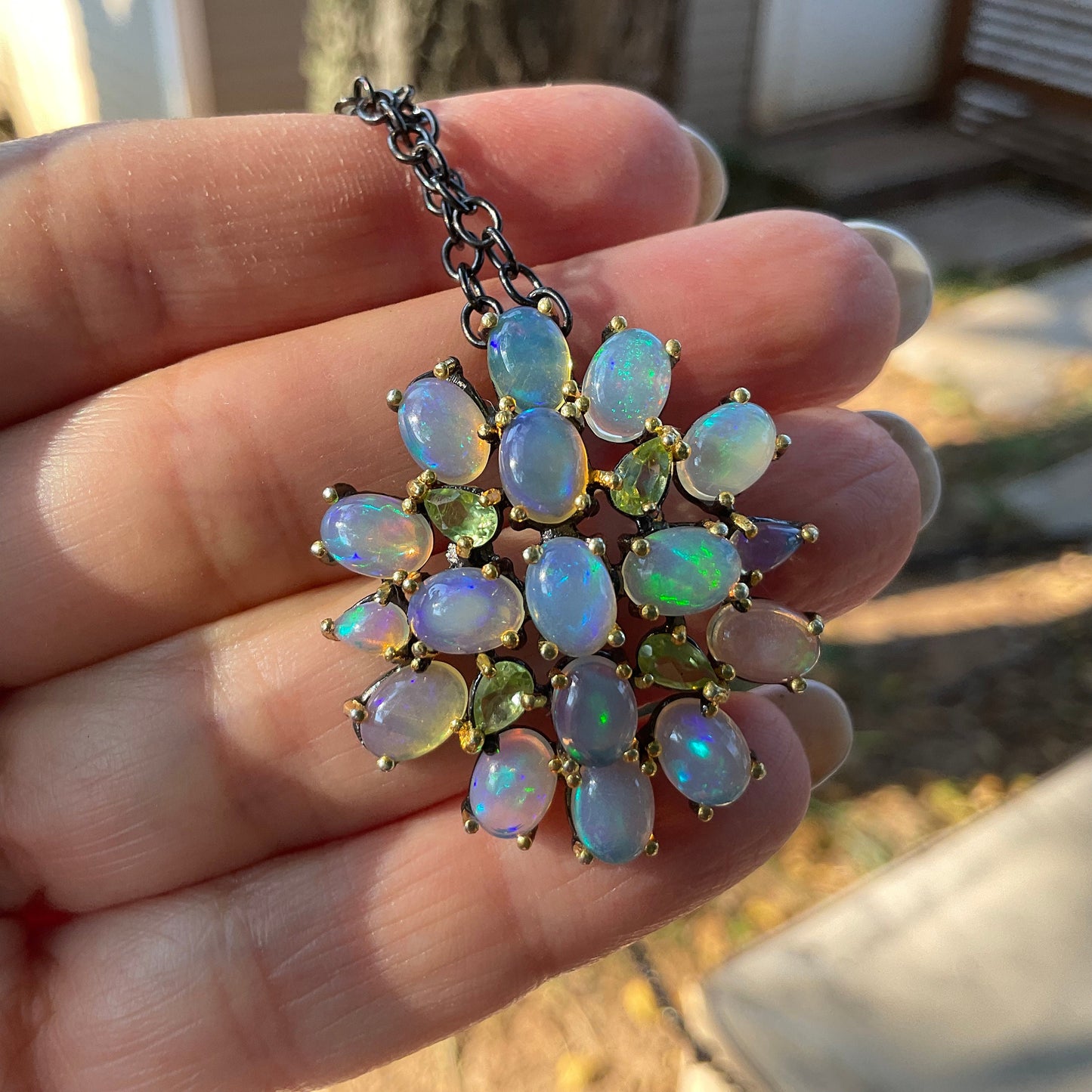 sterling silver Natural rainbow opal cluster peridot  pendant necklace