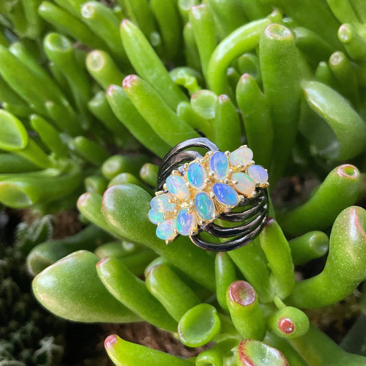Sterling Silver Fire opal cluster band Ring 7.5
