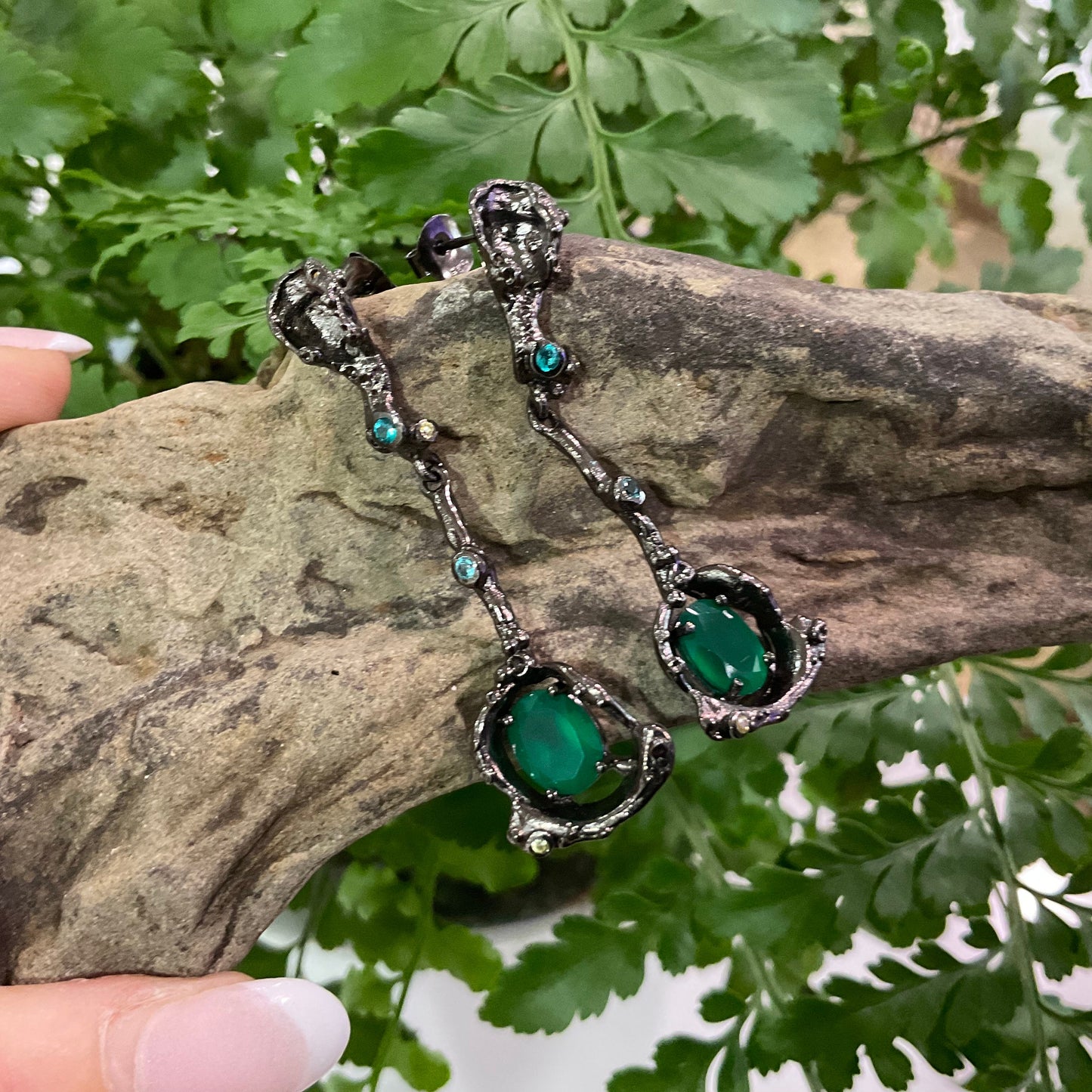 Handmade Sterling Silver abstract rustic  dangle green  onyx earrings
