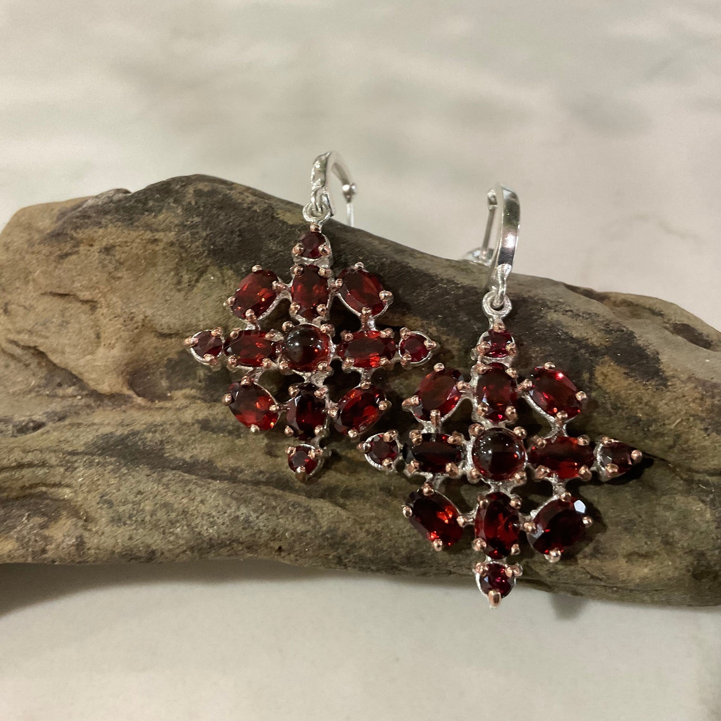 Handmade Sterling Silver red Garnet cluster Dangle earrings