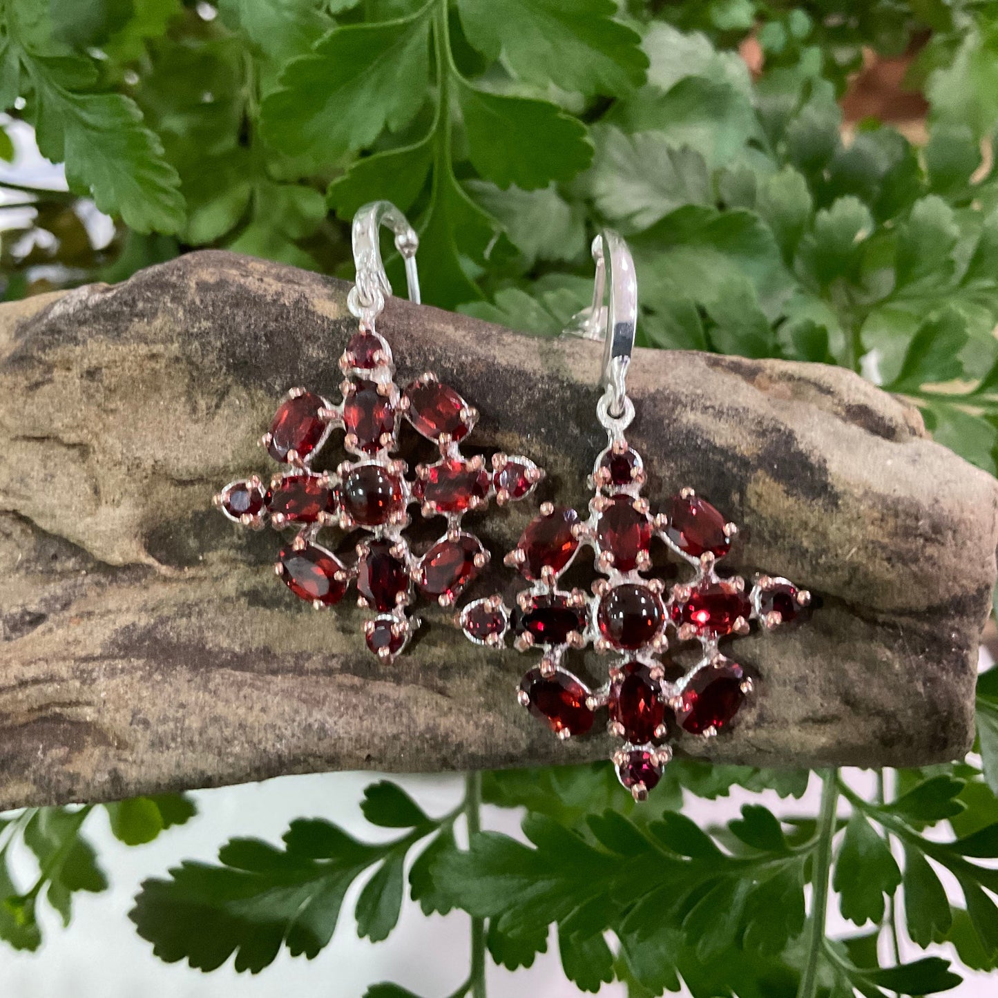 Handmade Sterling Silver red Garnet cluster Dangle earrings