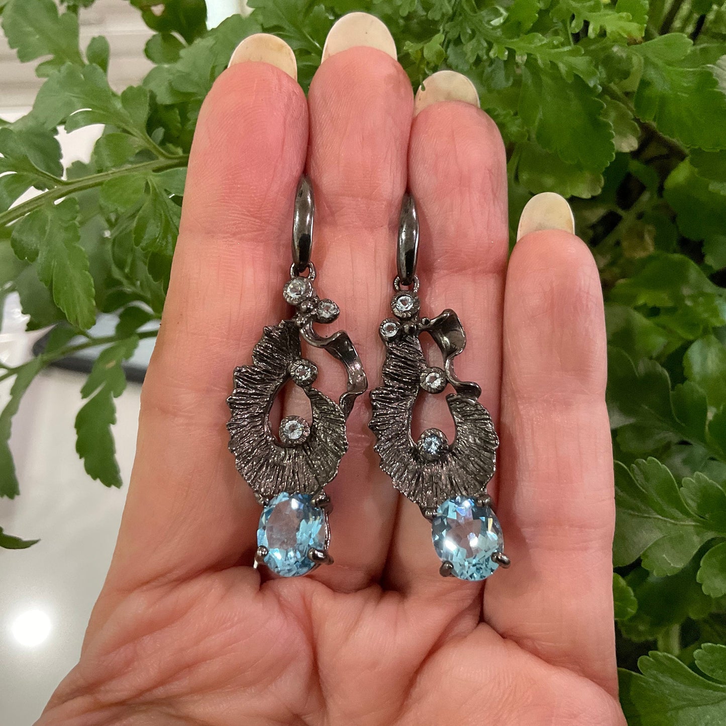 Sterling silver Natural Blue topaz organic  rustic Earrings