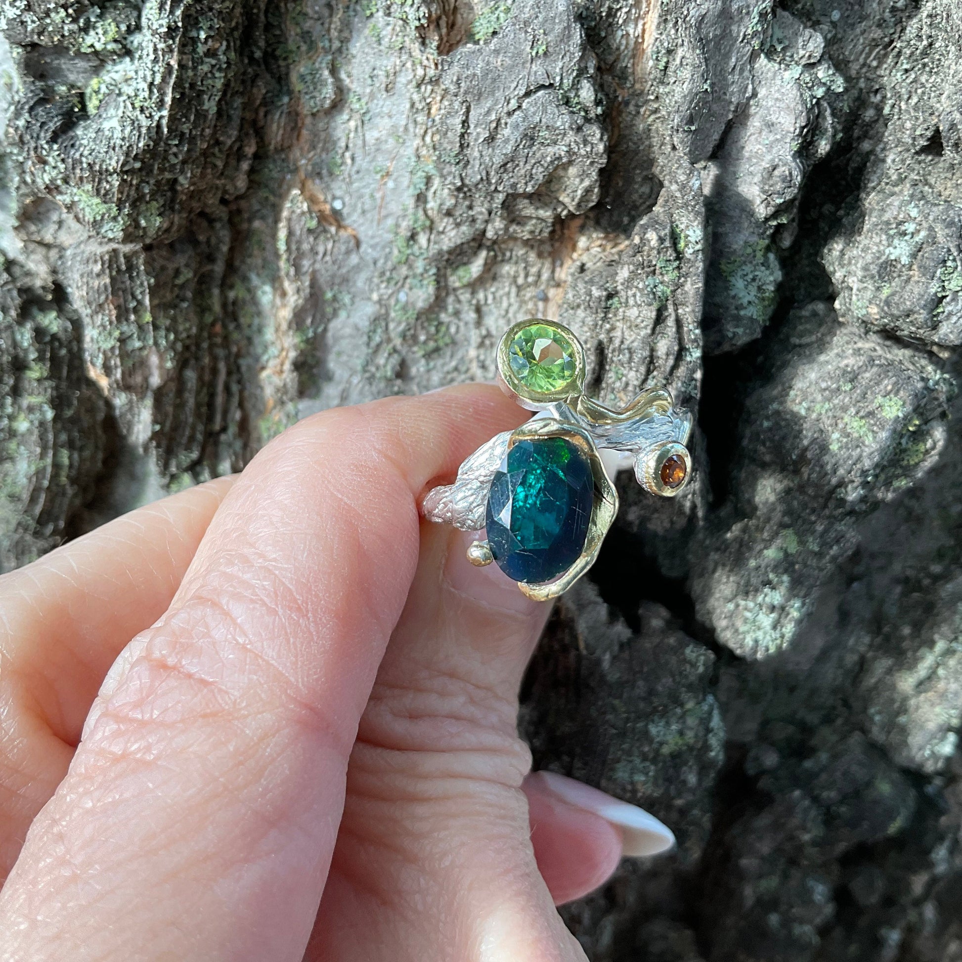 sterling silver peridot citrine natural Blue fire opal twig ring