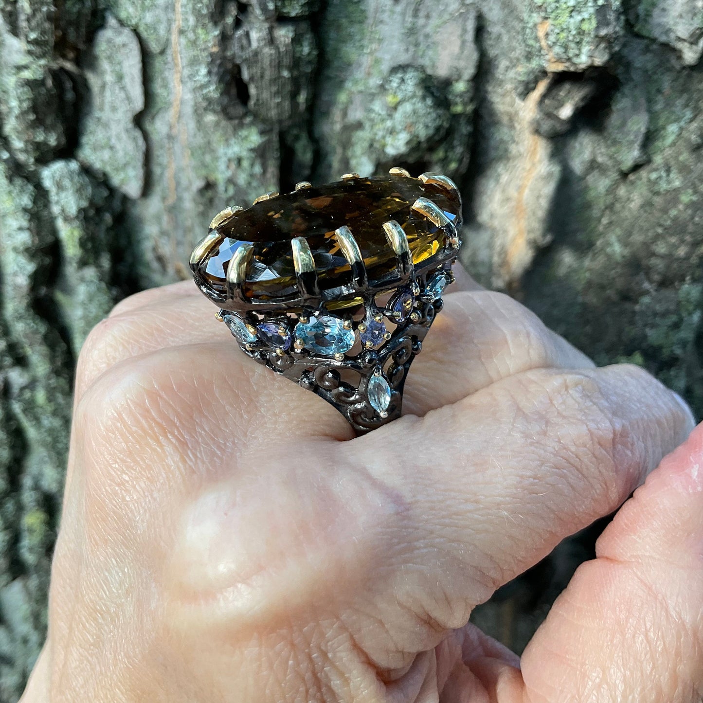 Sterling silver natural cognac quartz statement ring 8.5
