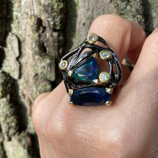 sterling silver mesmerizing  natural Blue  fire opal modernist ring 8.5