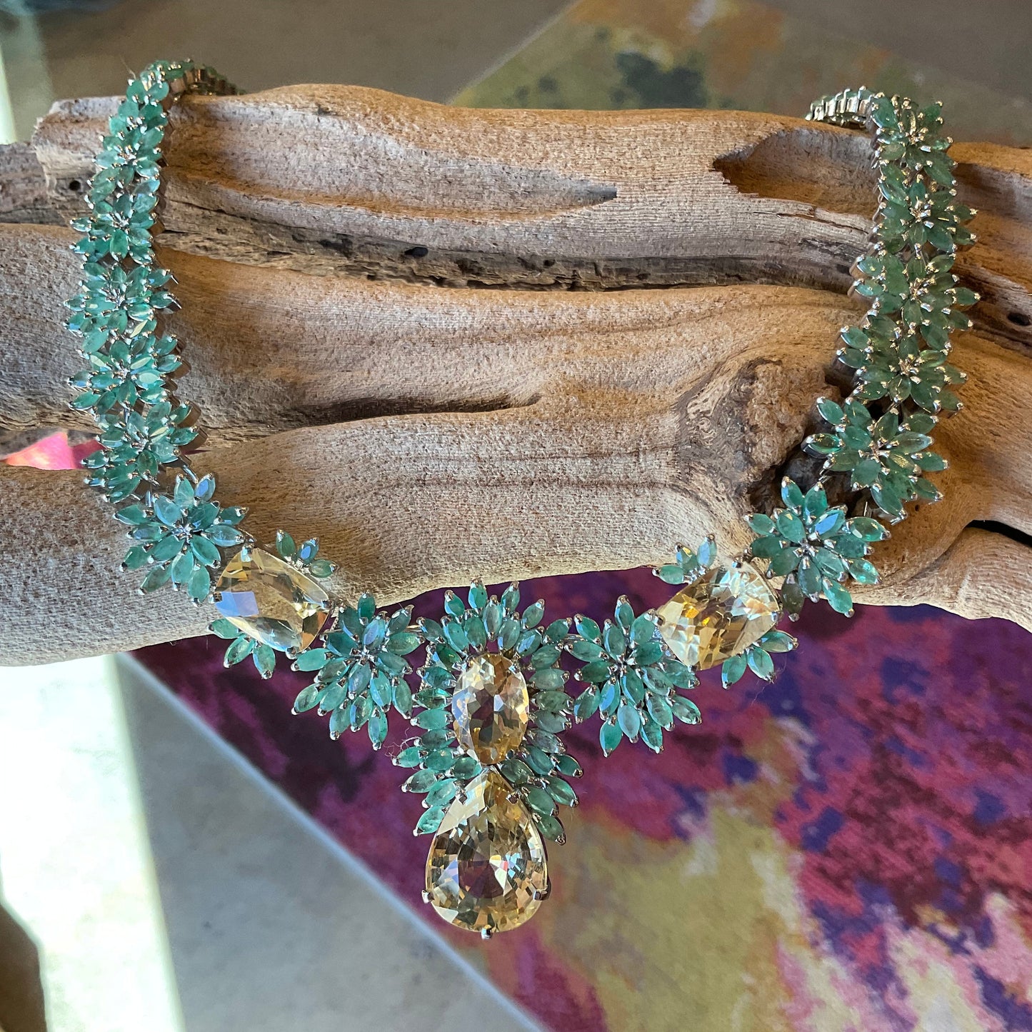 Sterling silver statement natural Emerald citrine Necklace collar choker
