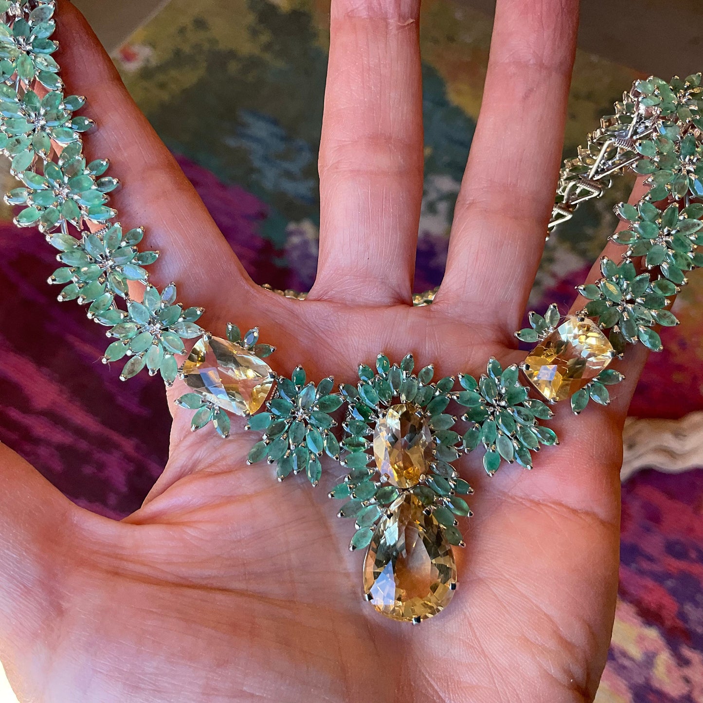 Sterling silver statement natural Emerald citrine Necklace collar choker