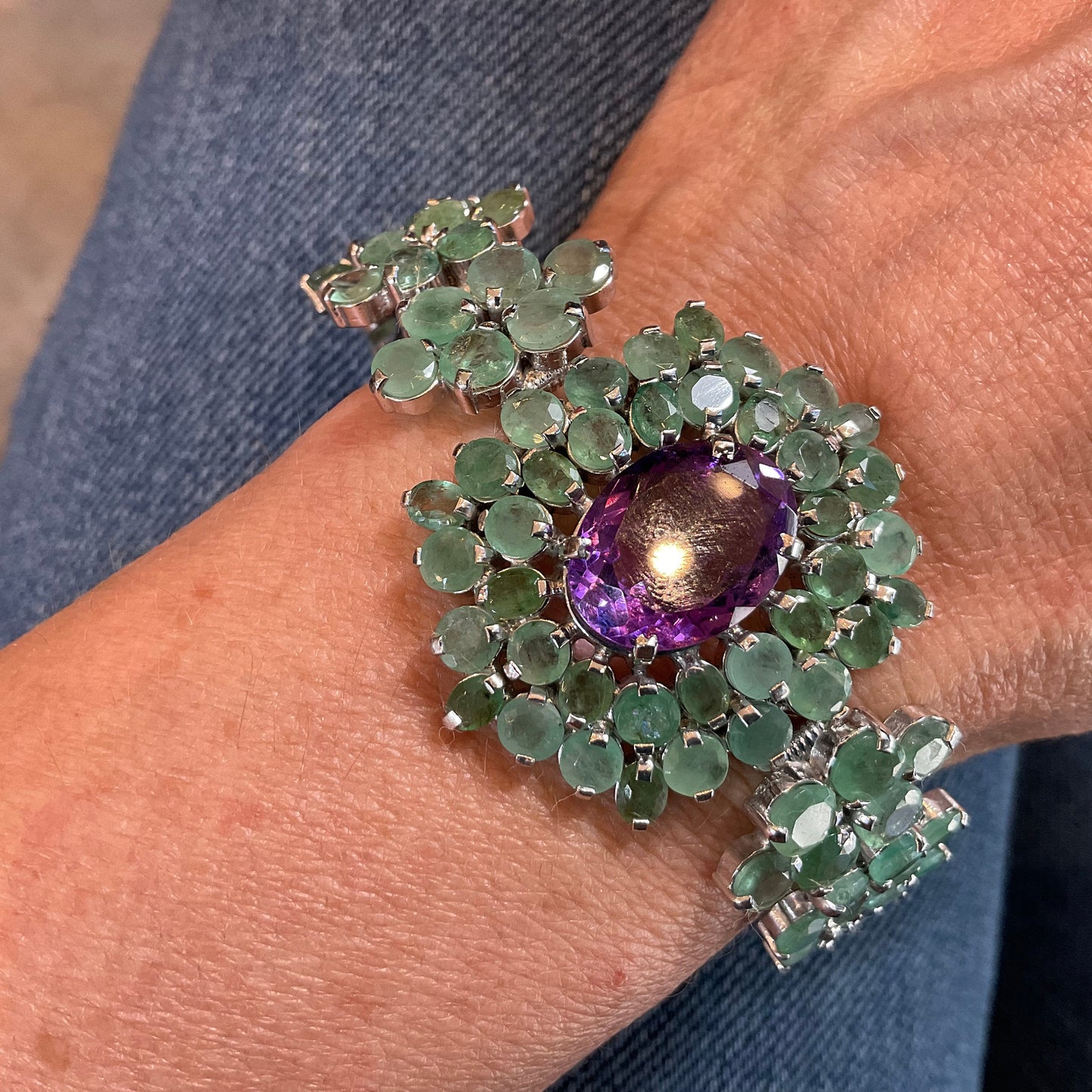Sterling Silver Natural emerald amethyst  wide bracelet fancy