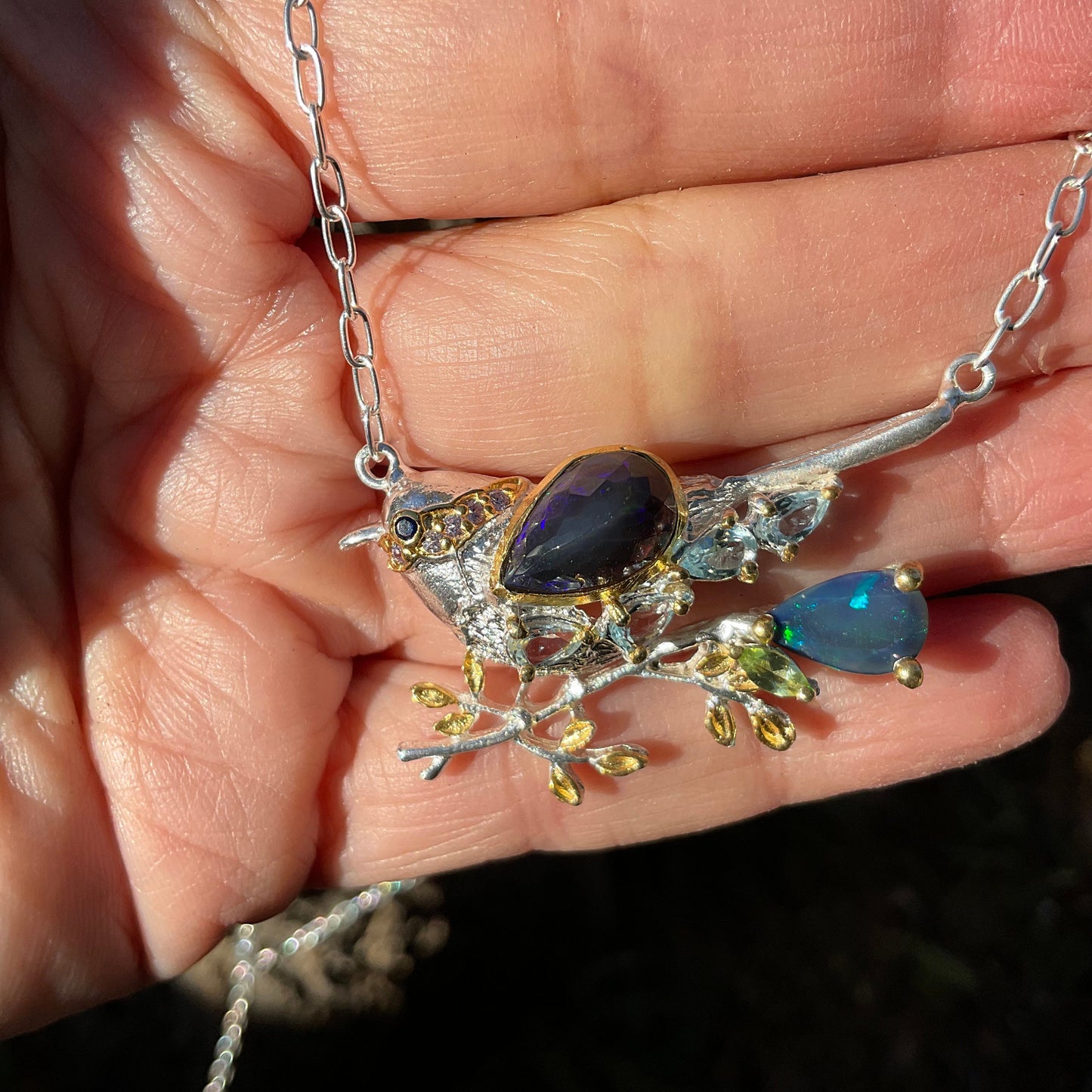 Sterling Silver Black rainbow Blue natural opal bird art Necklace