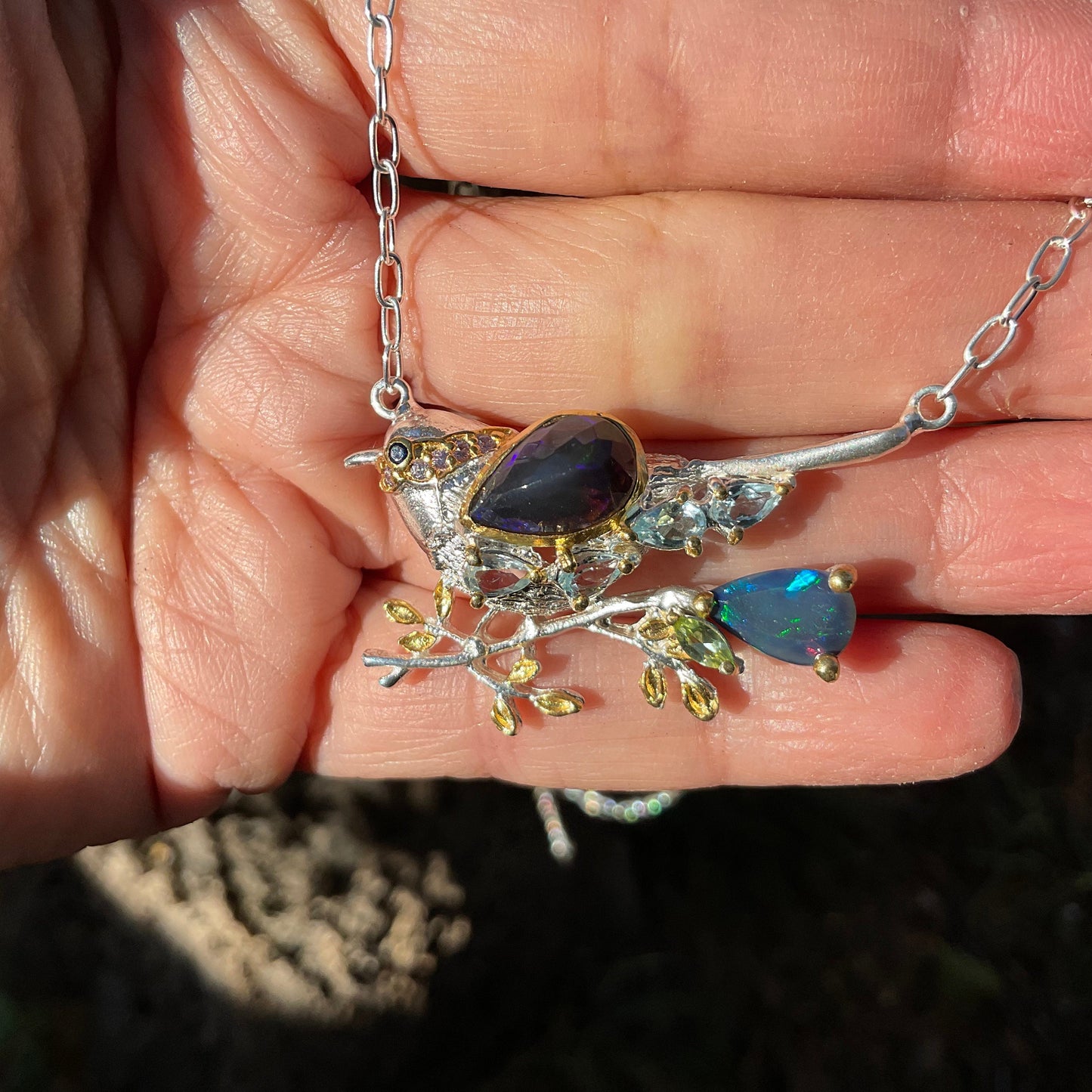 Sterling Silver Black rainbow Blue natural opal bird art Necklace