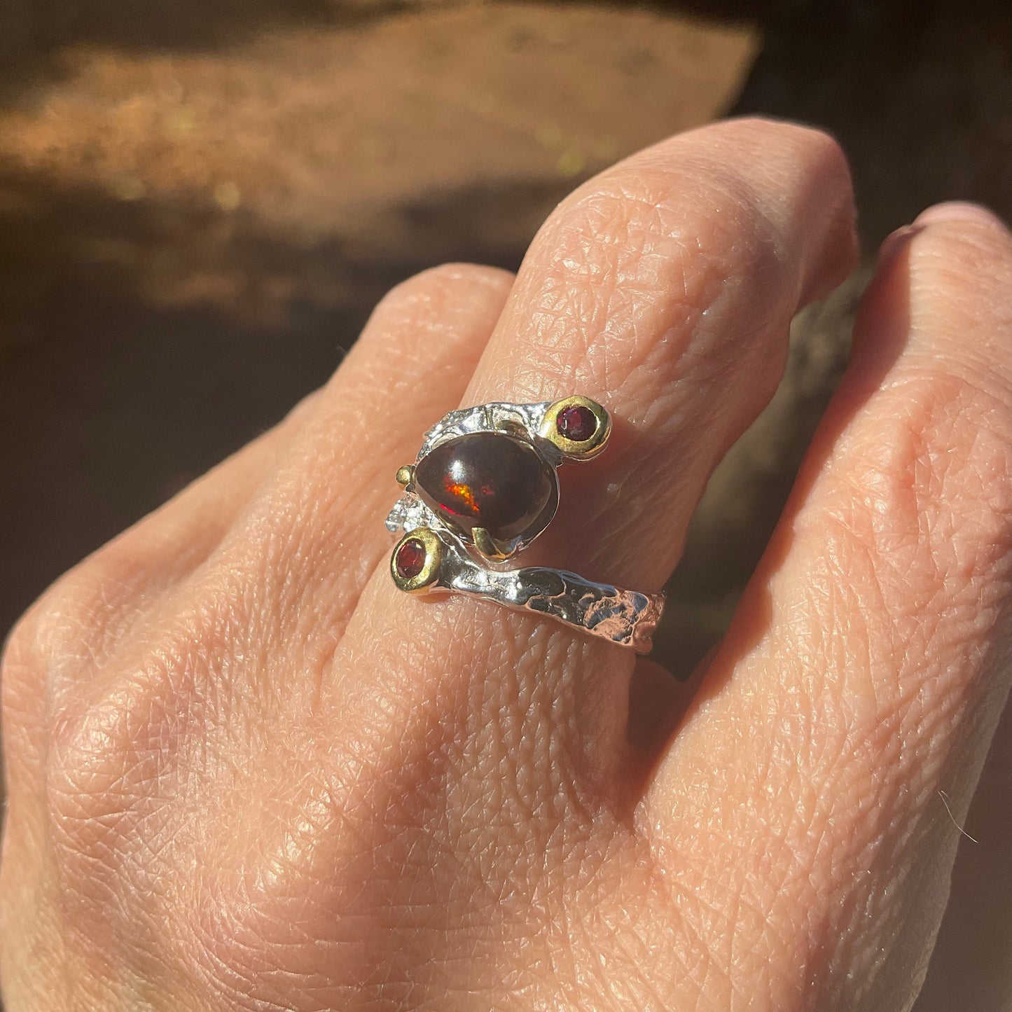 Sterling Silver Natural fire black opal band ring garnet  Ring 6.5
