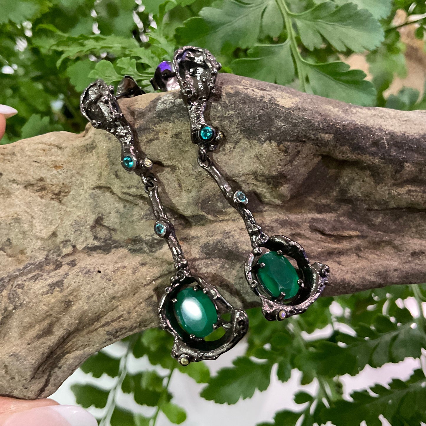 Handmade Sterling Silver abstract rustic  dangle green  onyx earrings