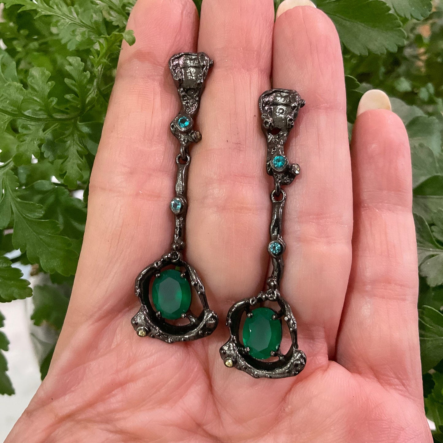 Handmade Sterling Silver abstract rustic  dangle green  onyx earrings