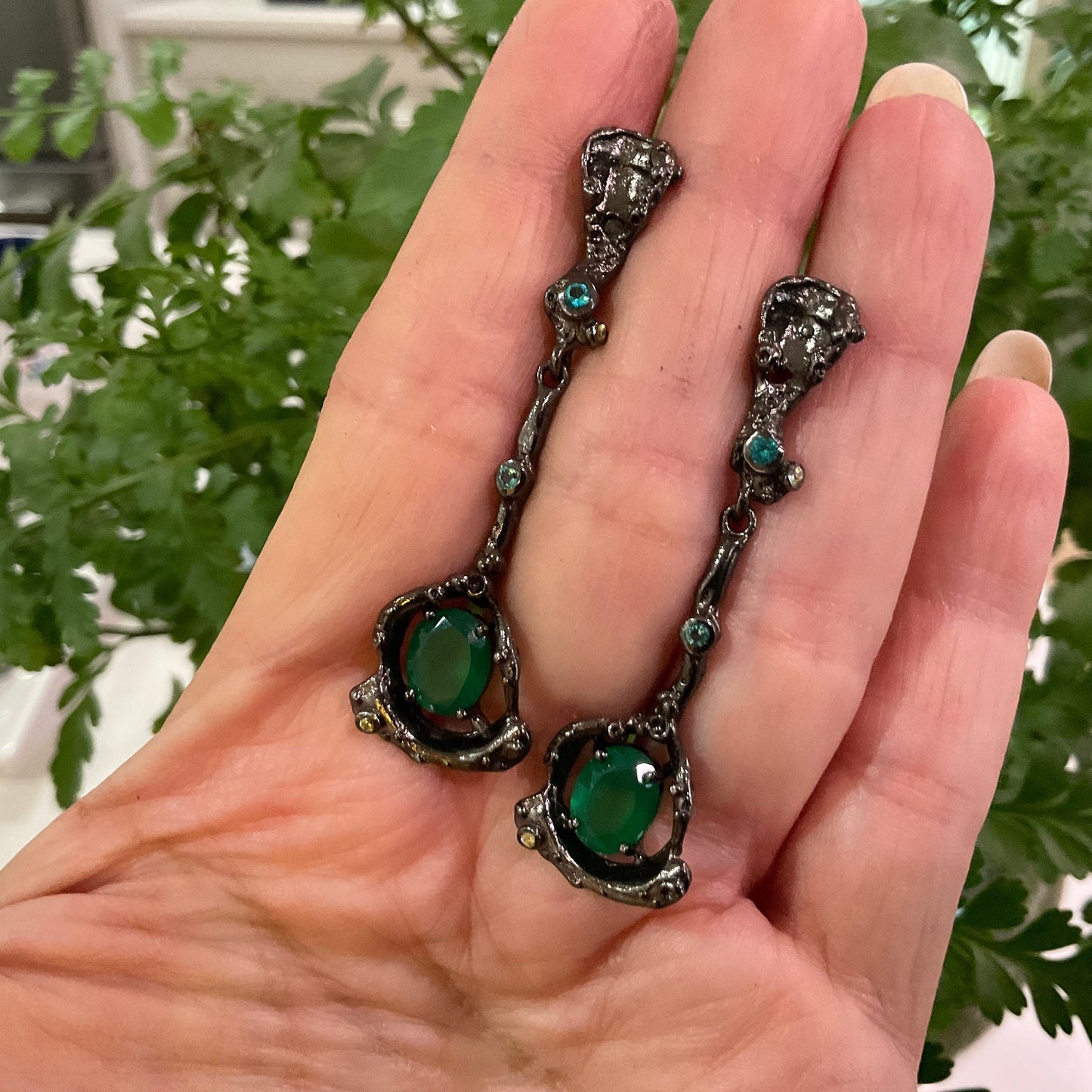 Handmade Sterling Silver abstract rustic  dangle green  onyx earrings