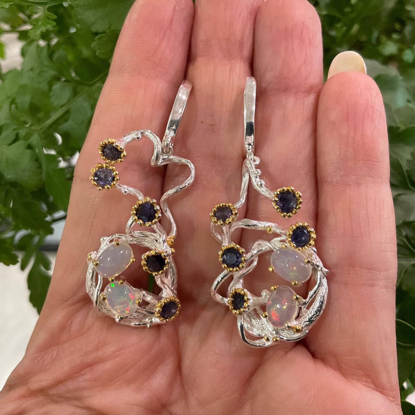 Sterling Silver Natural rainbow Opal modernist asymmetrical  Dangle Earrings