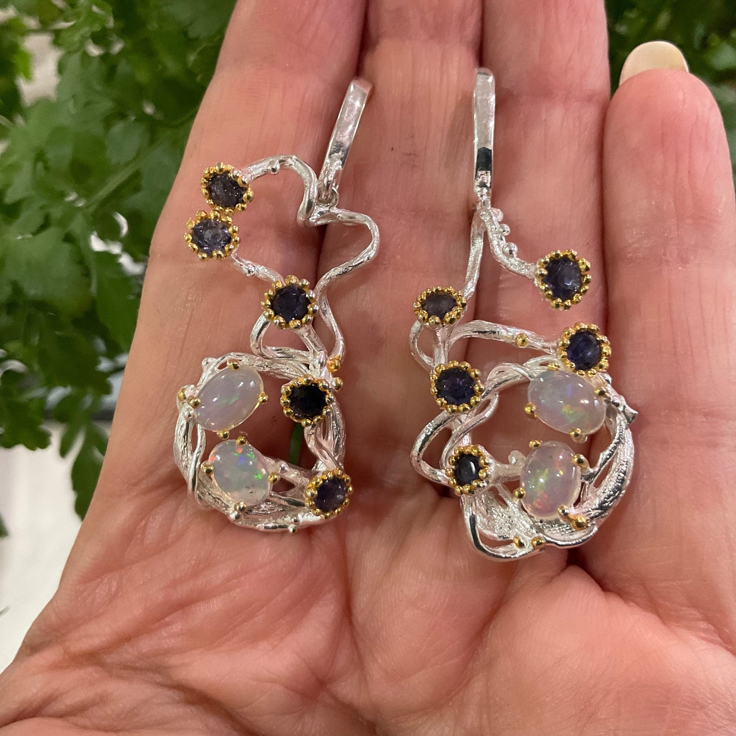 Sterling Silver Natural rainbow Opal modernist asymmetrical  Dangle Earrings