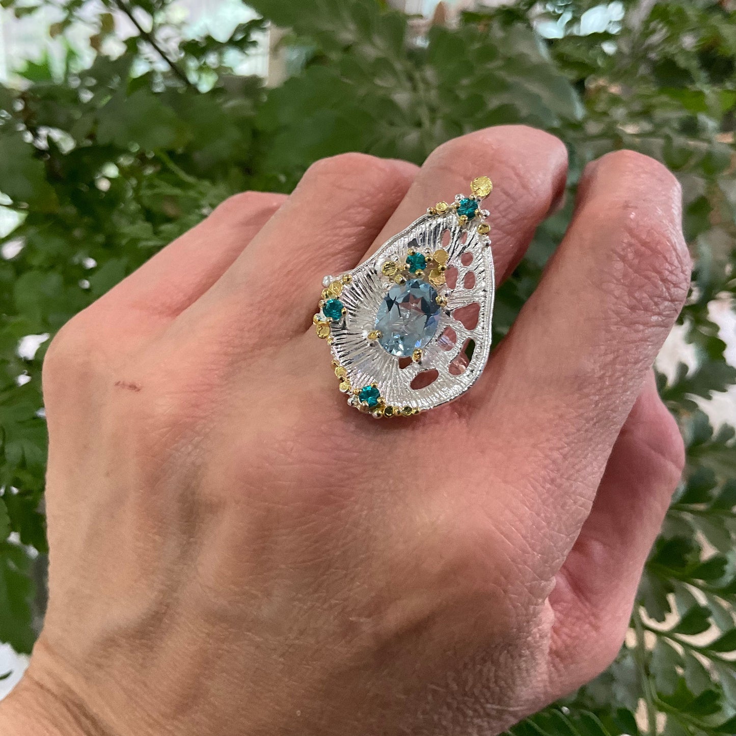 Sterling Silver abstract art blue topaz  ring handmade 9