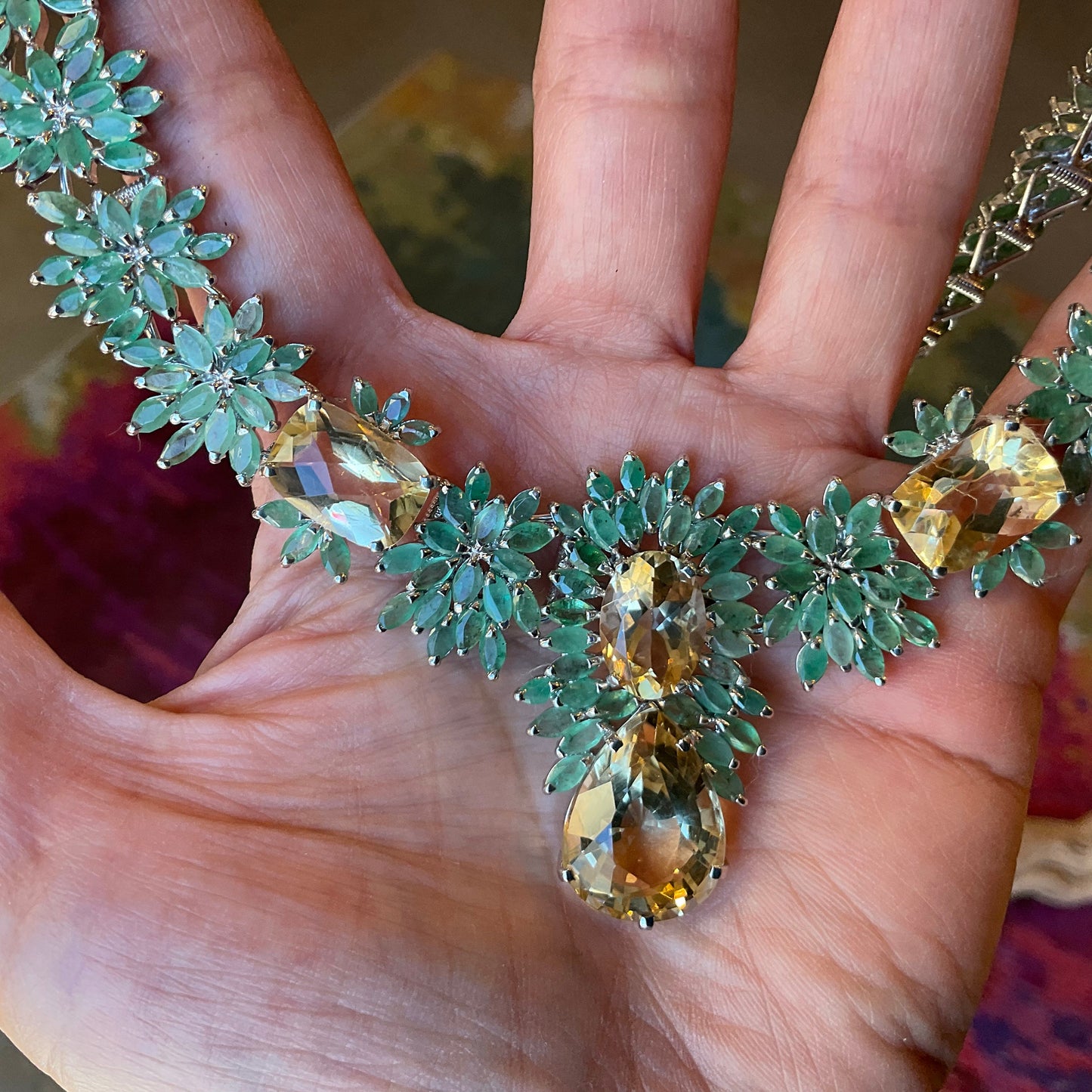 Sterling silver statement natural Emerald citrine Necklace collar choker