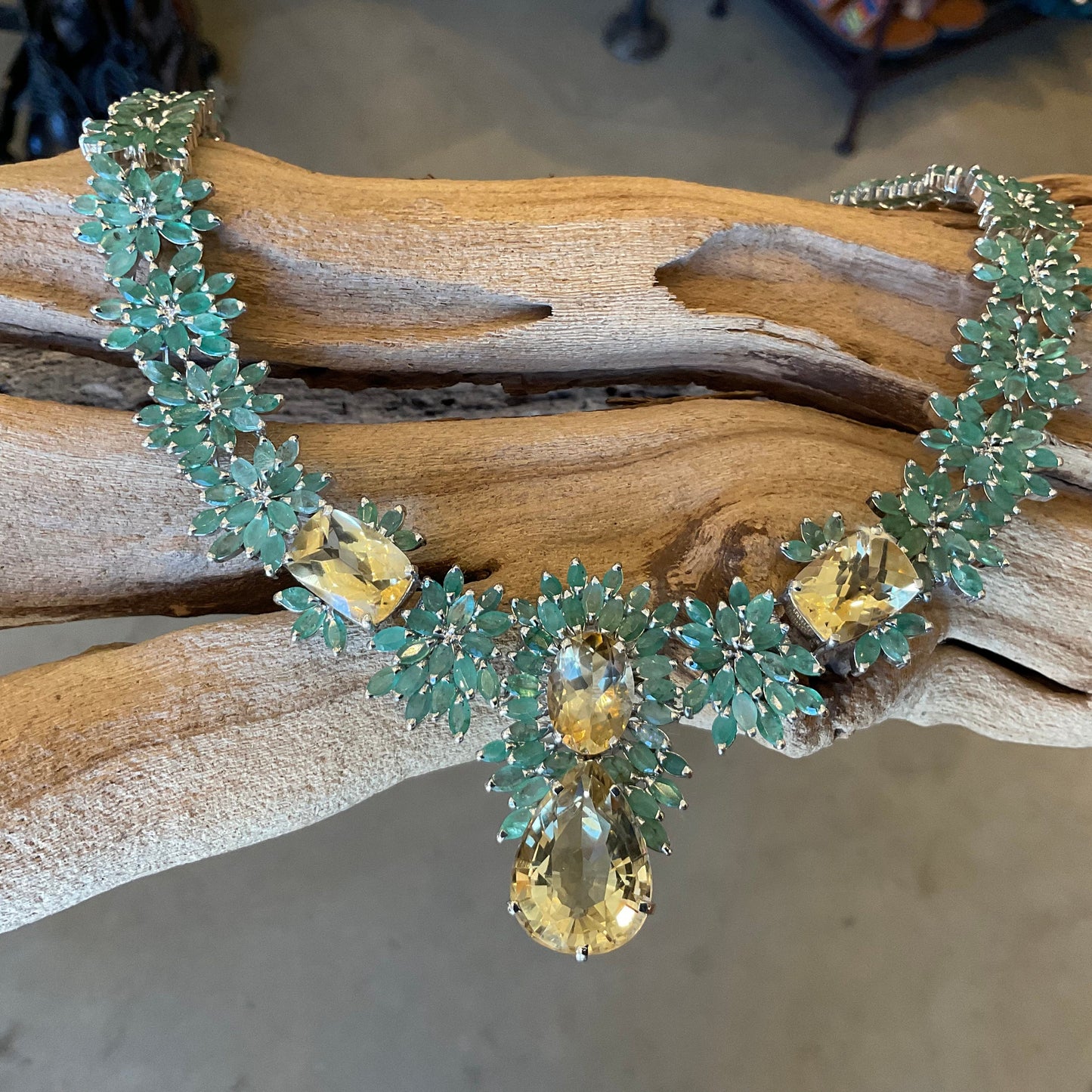 Sterling silver statement natural Emerald citrine Necklace collar choker