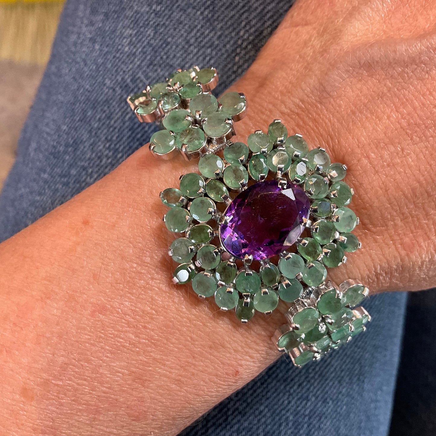 Sterling Silver Natural emerald amethyst  wide bracelet fancy