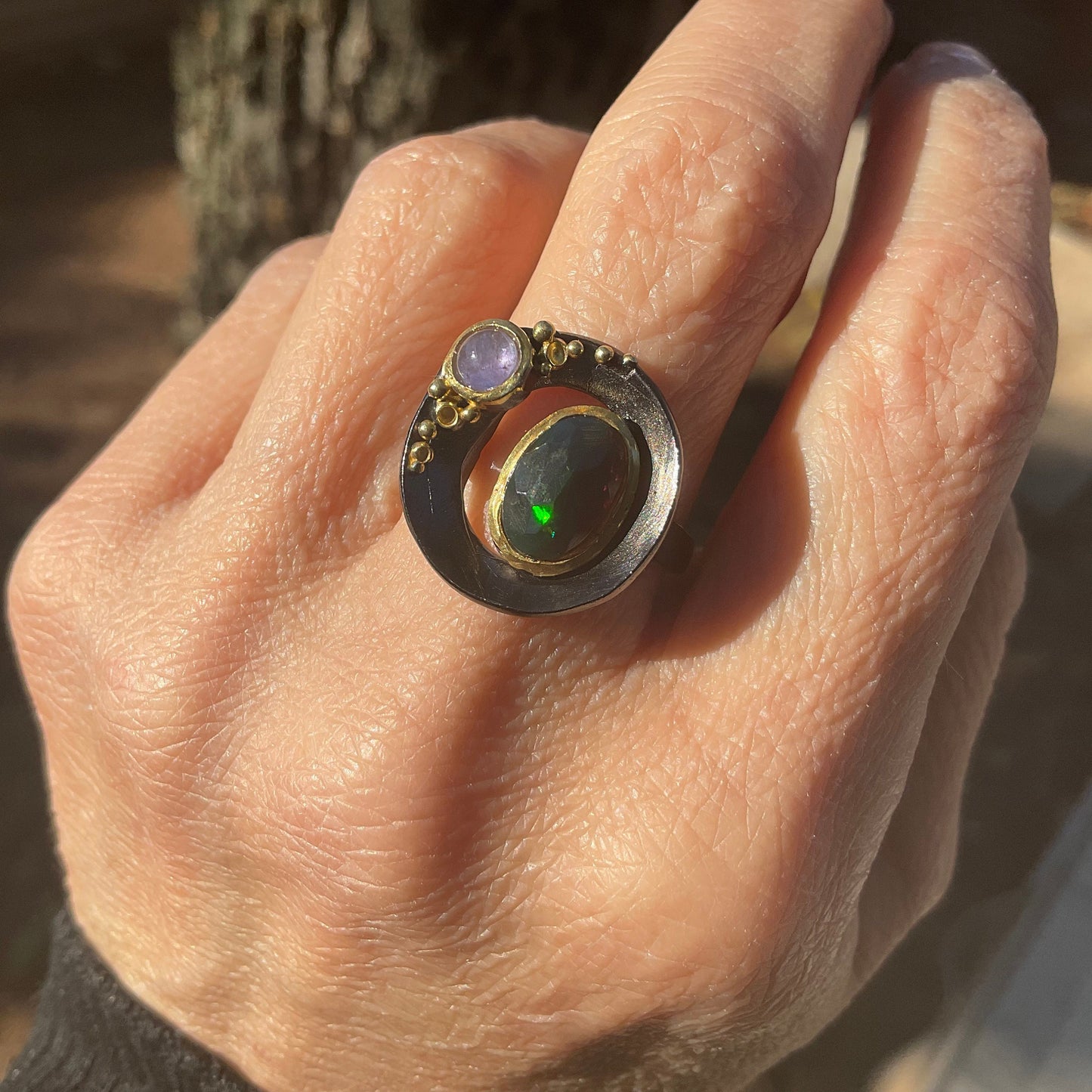 Sterling Silver natural black Opal tanzanite  ring 9