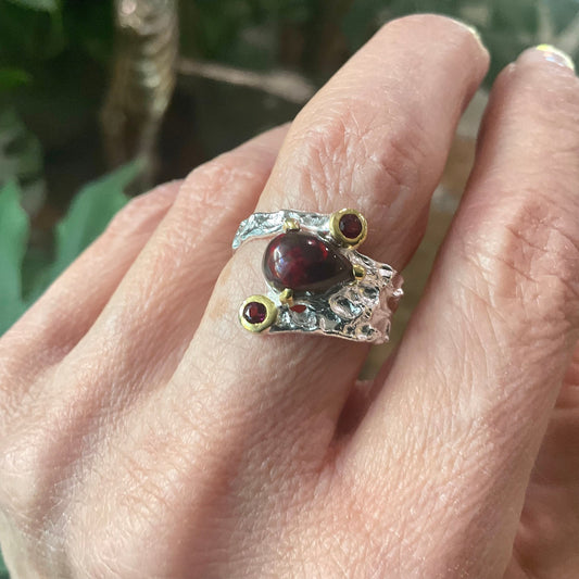 Sterling Silver Natural fire black opal band ring garnet  Ring 6.5