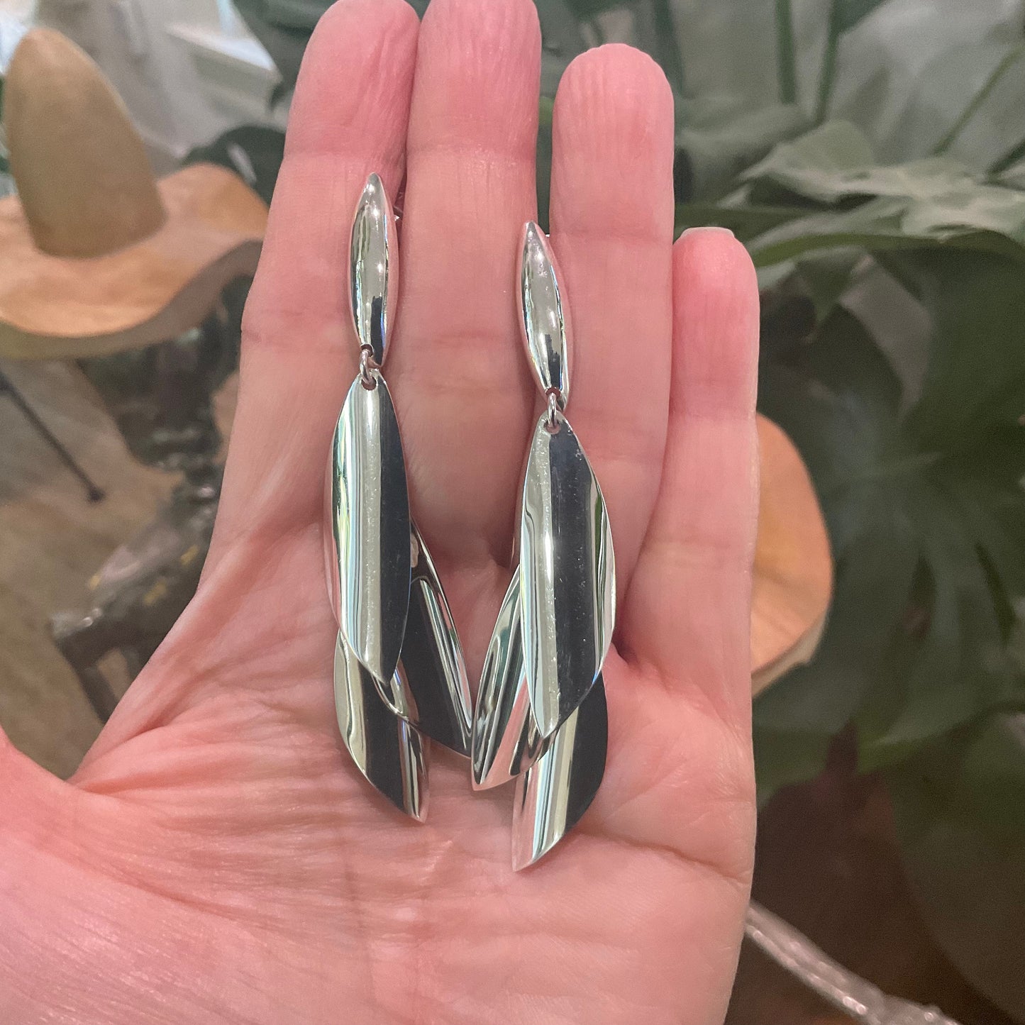 Sterling  Silver modernist large long dangle leaf earrings