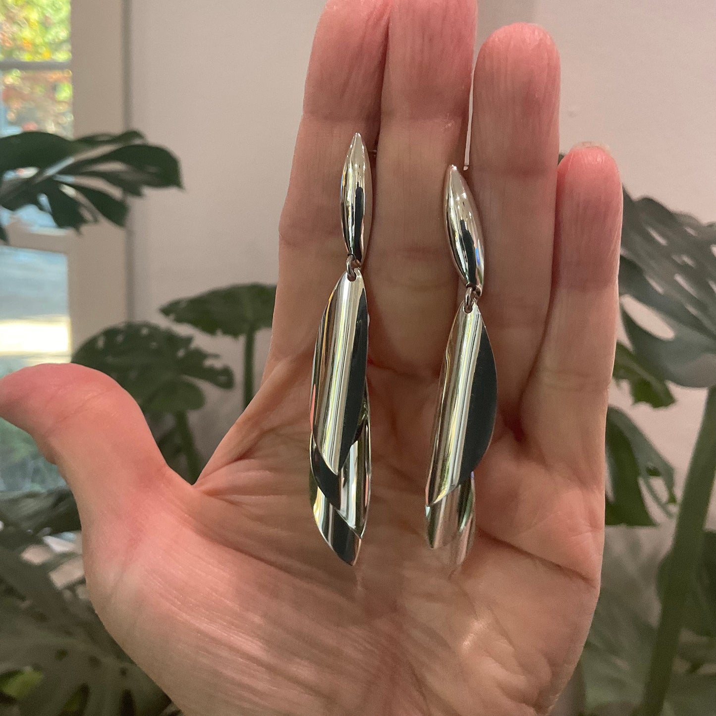Sterling  Silver modernist large long dangle leaf earrings