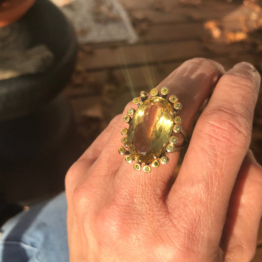 Sterling Silver Natural lemon quartz  sunburst statement Ring 8