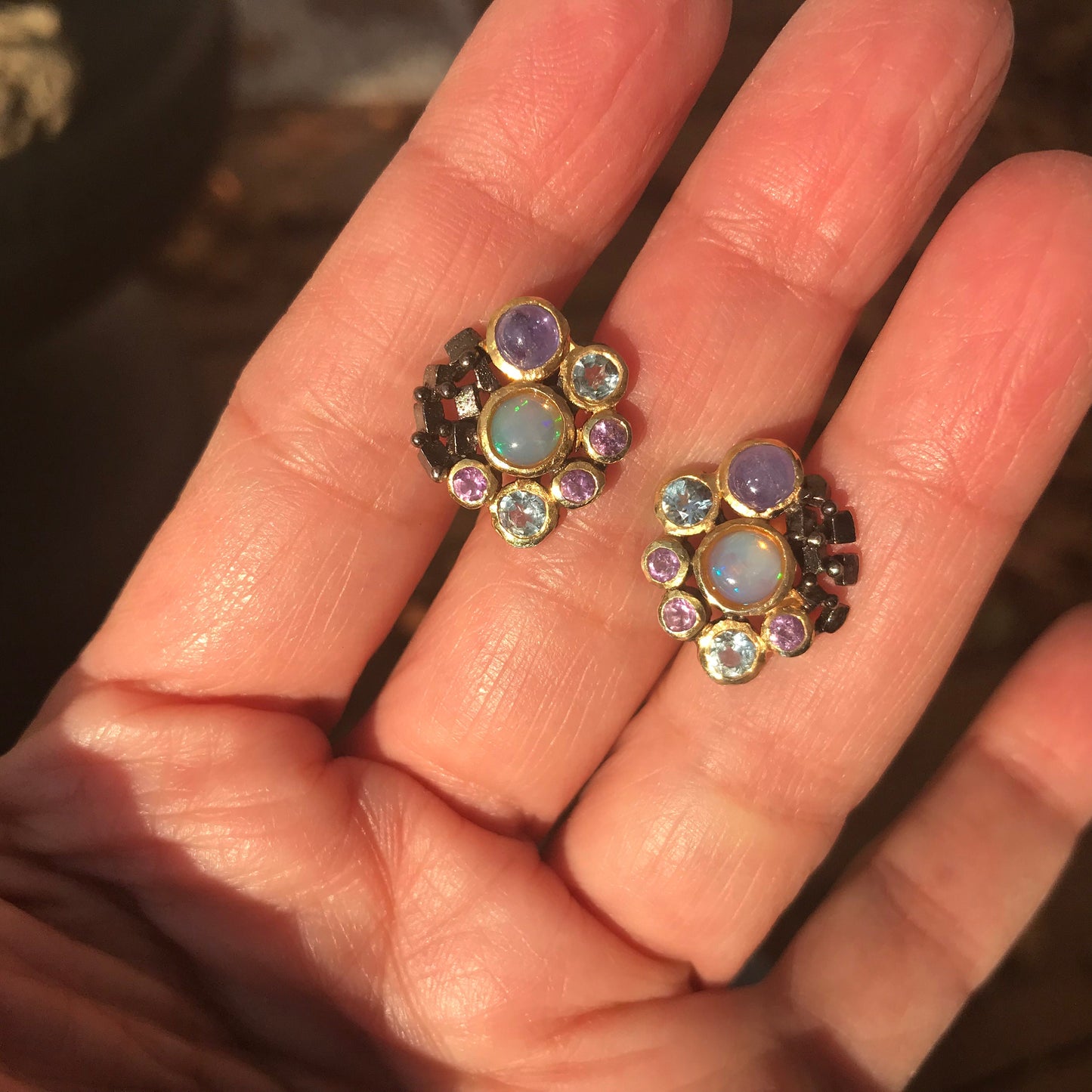 Sterling Silver Natural Fire opal topaz amethyst tanzanite  stud earrings