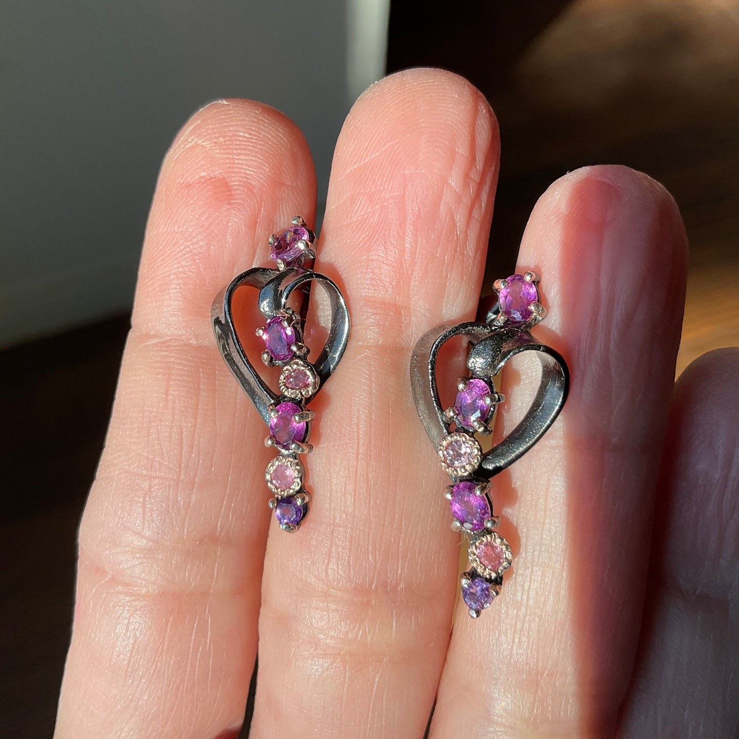 Handmade Sterling Silver Rhodolite Heart art Stud earrings