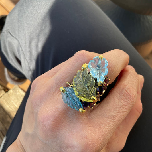 Sterling Silver Natural lemon quartz topaz carved art statement Ring 7.5