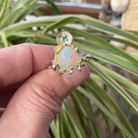 sterling silver natural fire opal topaz dainty ring 7.5