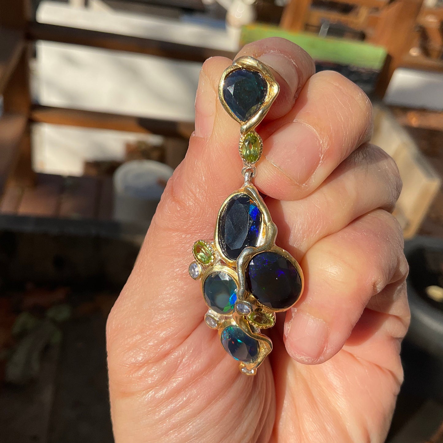 Natural black Rainbow blue fireopal Sterling Silver heirloom pendant
