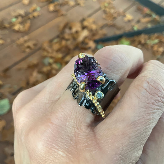 Handmade sterling Amethyst topaz statement band  Ring 9