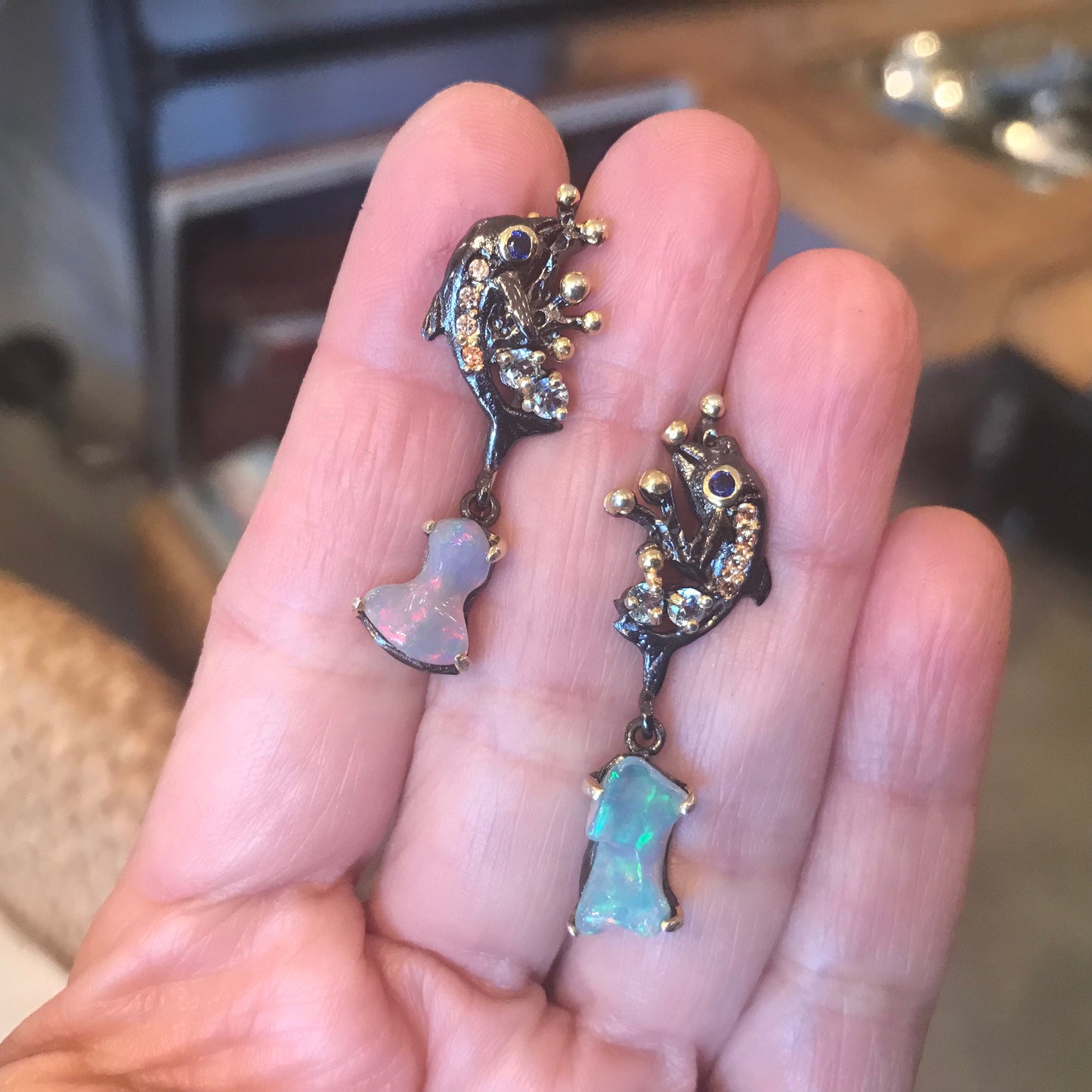 Sterling Silver rainbow opal topaz dolphin dangle earrings