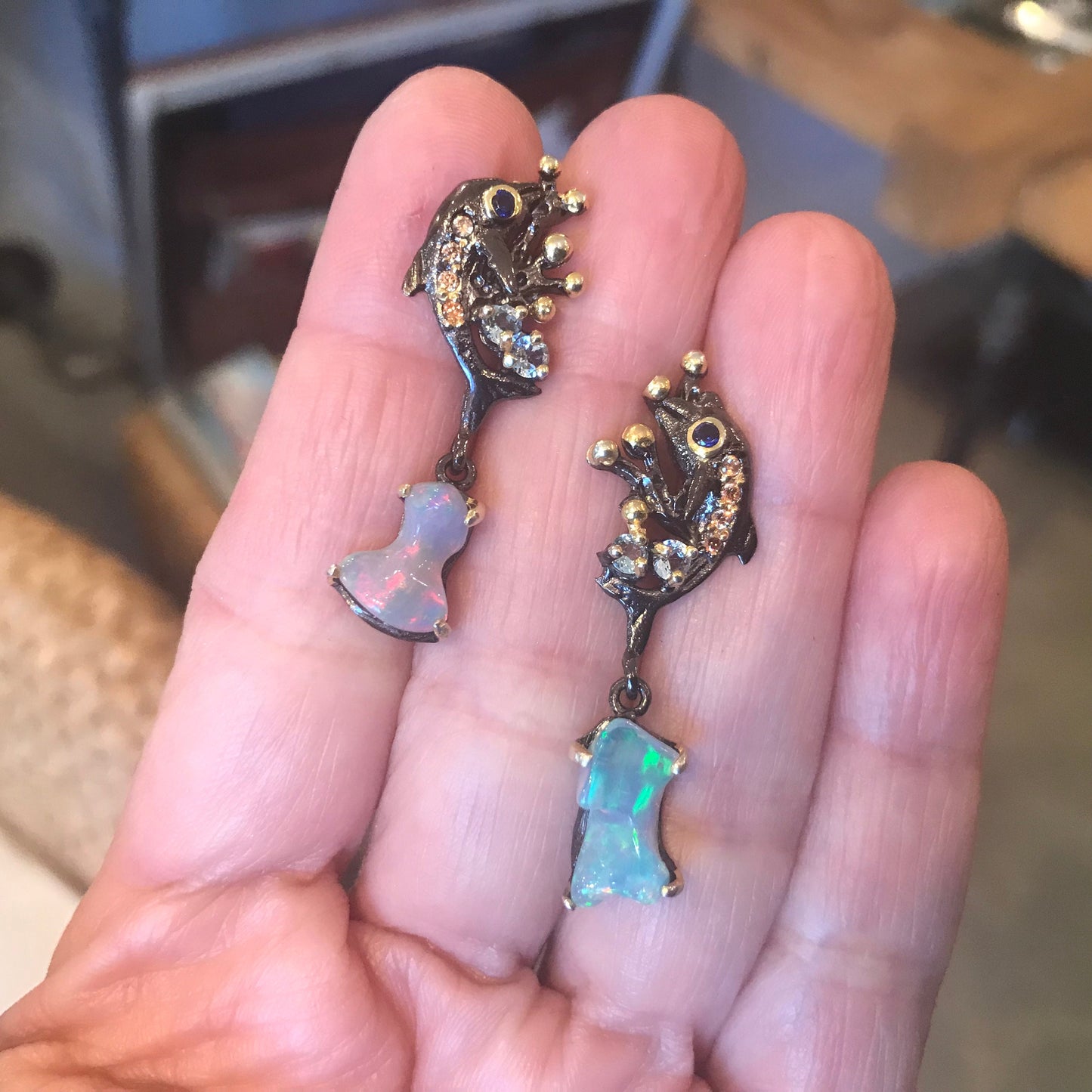 Sterling Silver rainbow opal topaz dolphin dangle earrings