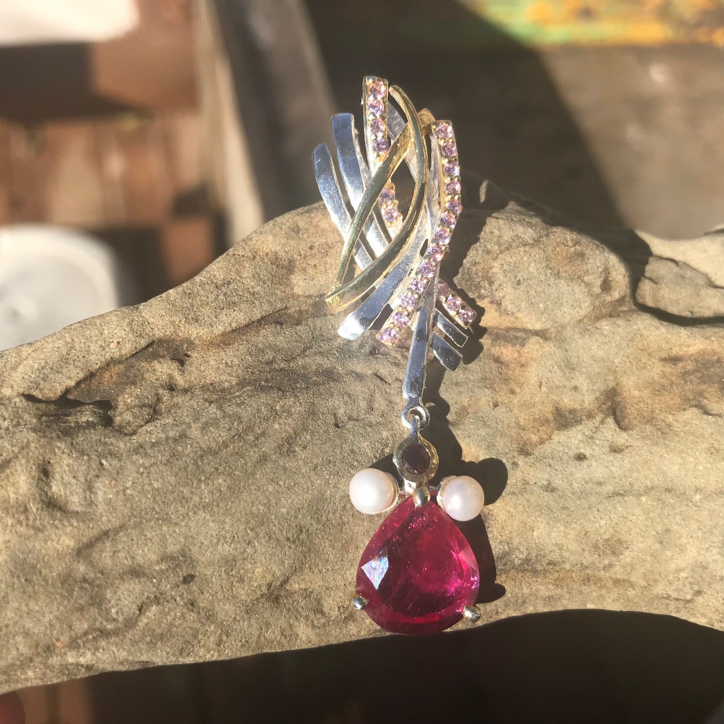 Sterling silver Natural Ruby rhodolite  pearl pendant fancy