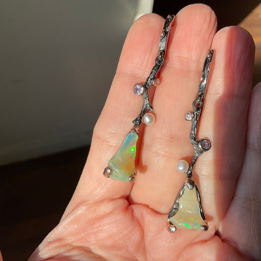 Sterling Silver rainbow opal statement twig pearl  dangle earrings