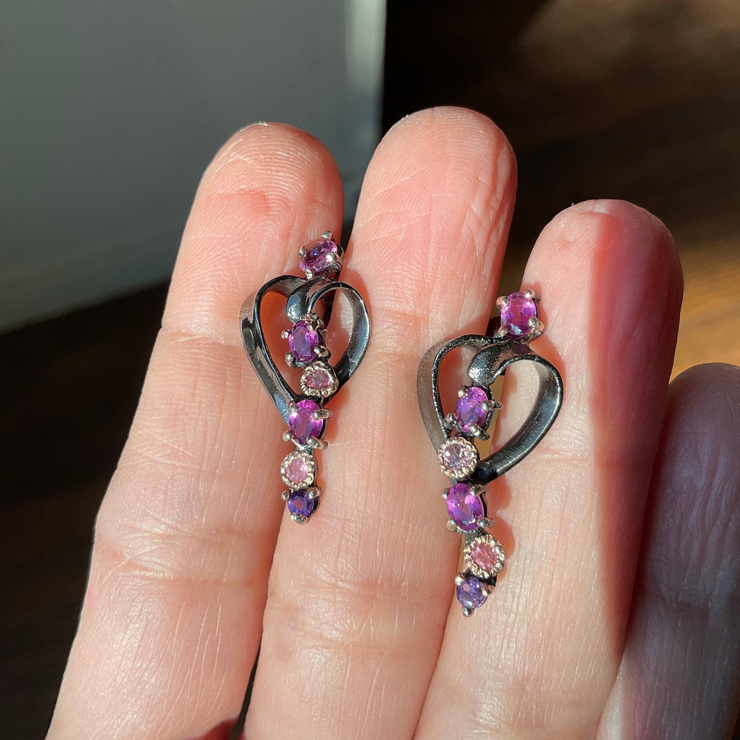 Handmade Sterling Silver Rhodolite Heart art Stud earrings